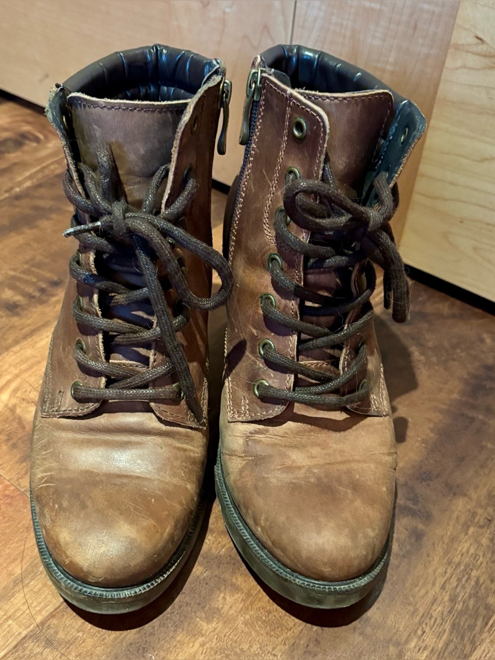 Browns store weathered Lace-Up Brown Leather Block Heel Boots - Women's